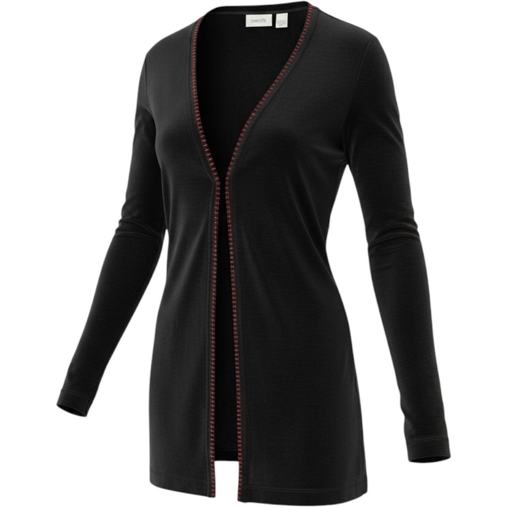 Chicos Travelers Black Open Front Cardigan Red Stitch Trim Size 1 L Long Sleeve